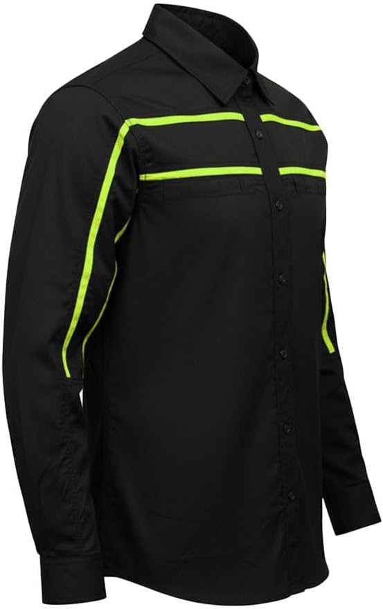 MMCC Men's Octane Work Shirt - Long Sleeve Mechanic Button-Up with Chest Pockets - Black-green-n.green