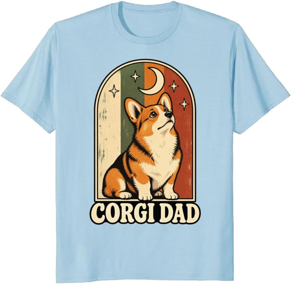 Corgi Dad T-Shirt Retro Rainbow Sunset Silhouette Graphic Tee - S3