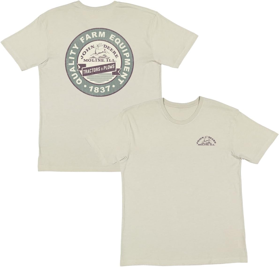 John Deere Mens Ultra Soft Vintage Wash Tractors and Plows Short Sleeve Tshirt in Latte Cream - Latte Cream