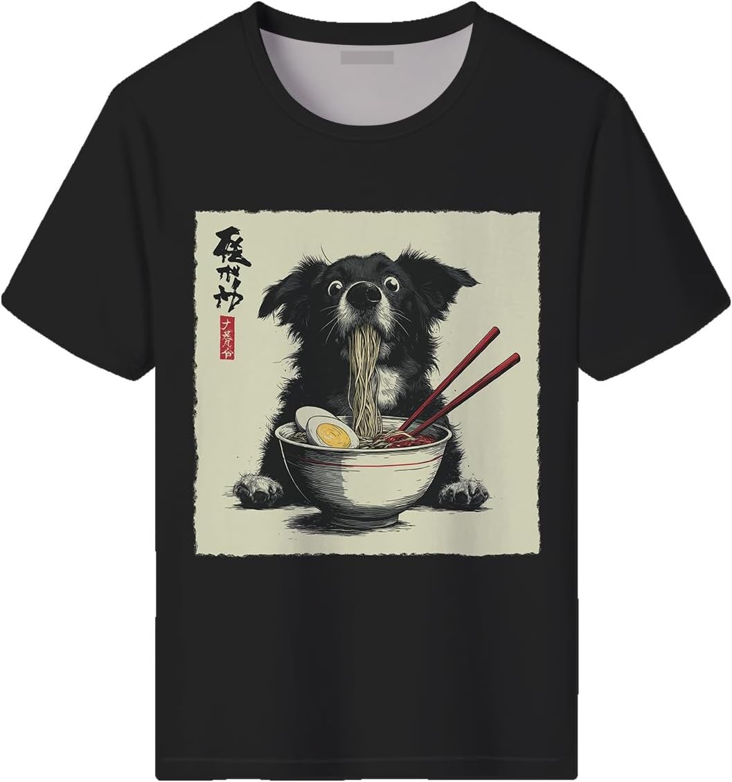 Men's Funny Dog Ramen Graphic T-Shirts Japanese Kawaii Anime Dog T-Shirt Casual Summer Tees - Black5