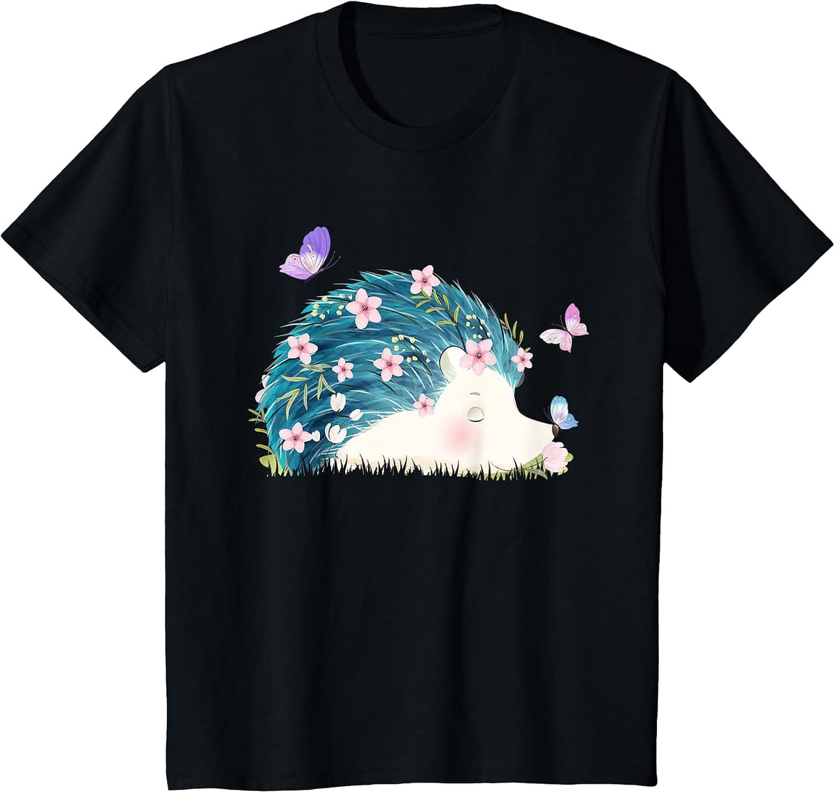 Hedgehog - Flowers Butterflies Nature Porcupine Lover T-Shirt - Black