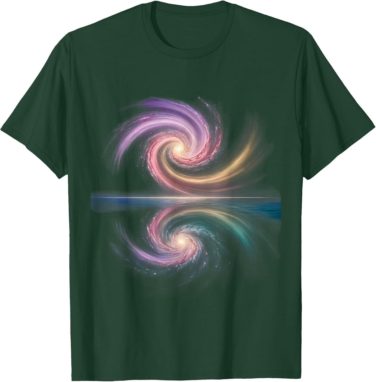 Men's Spiral Galaxy Ocean Reflection Cosmic Art T-Shirt - Dark Green
