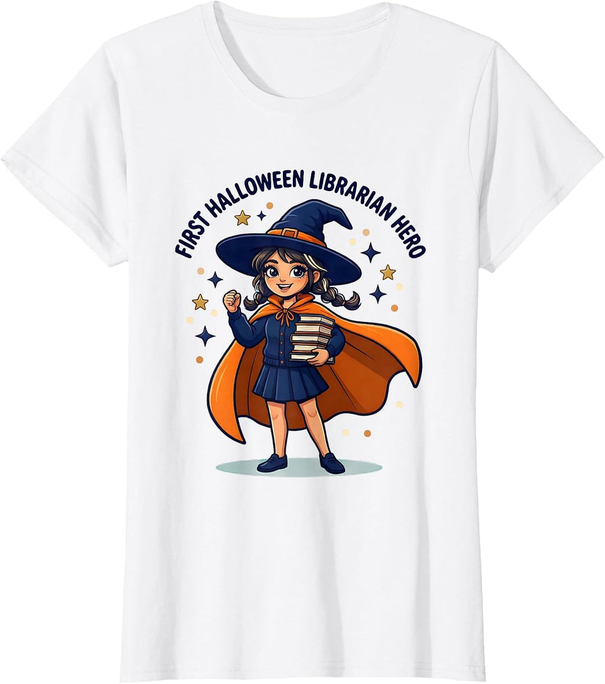 FIRST HALLOWEEN LIBRARIAN HERO Cartoon Librarian Halloween T-Shirt - White