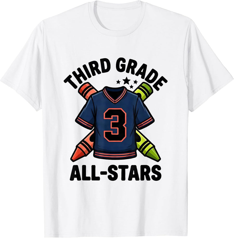 Men's Third Grade All-Stars Cartoon Teacher Student Back To School T-Shirt - White