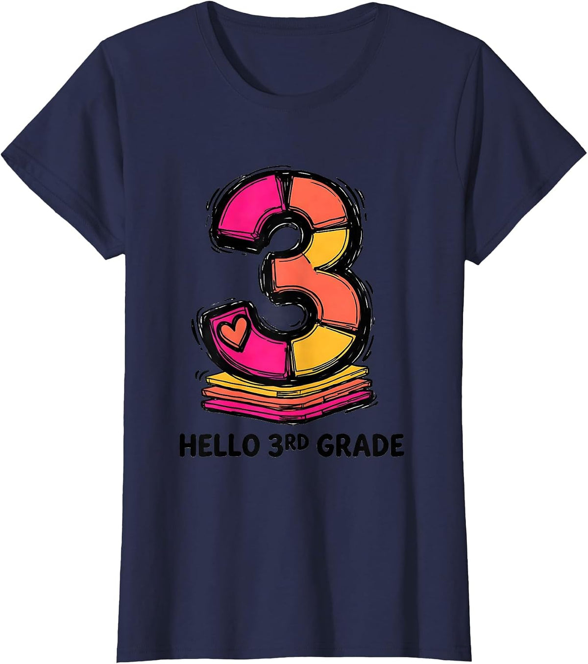 Women's Hello 3rd Grade Playful Leopard Teacher Student Back T-Shirt - Navy Blue