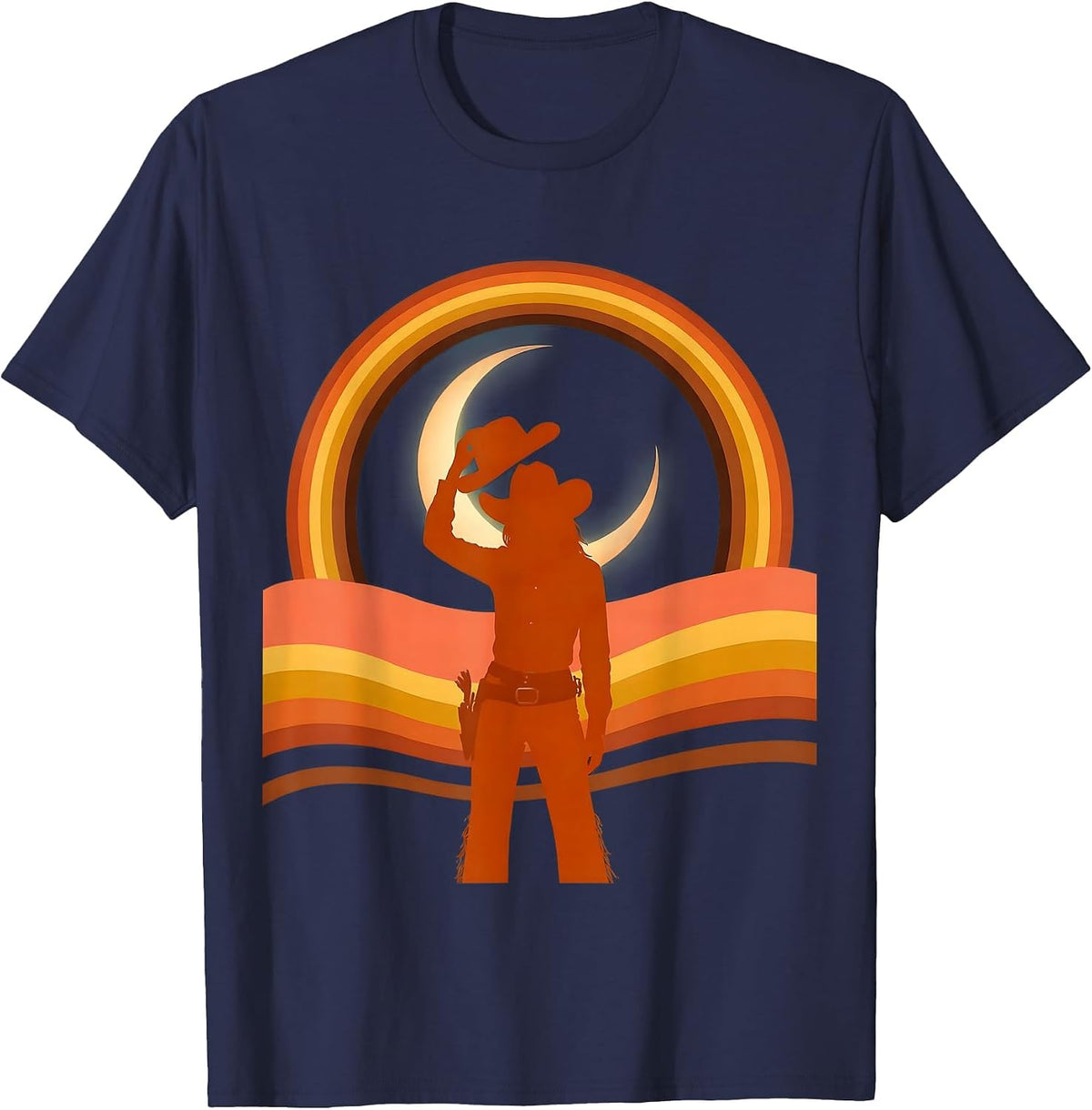 Cowgirl Tipping Hat Under Crescent Moon T-Shirt - Navy Blue