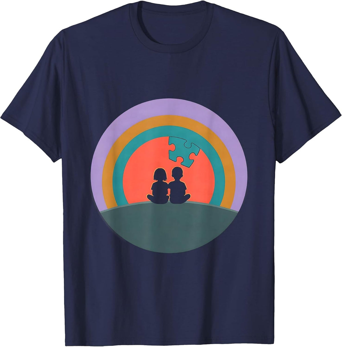 Autism Awareness Two Children Watching Sunset T-Shirt - Navy Blue
