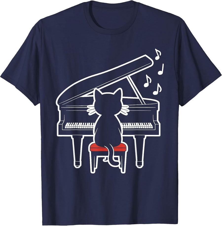 Piano Cat Music Lover Pianist Teacher Composer Musician T-Shirt - Navy Blue