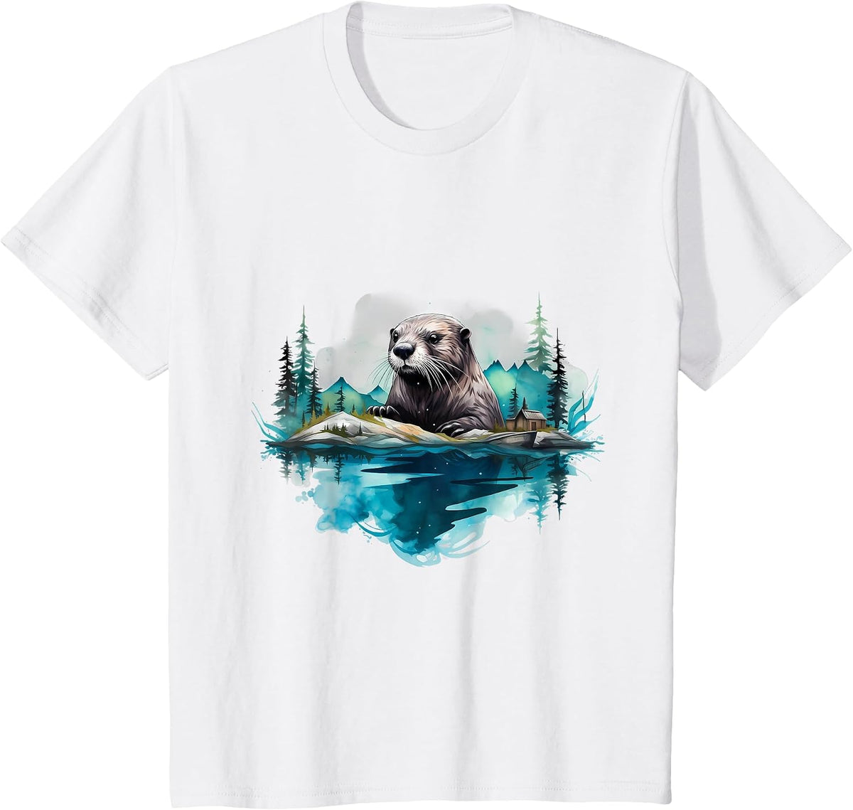 Otter Landscape Wildlife Nature Forest Artwork Motif T-Shirt - White