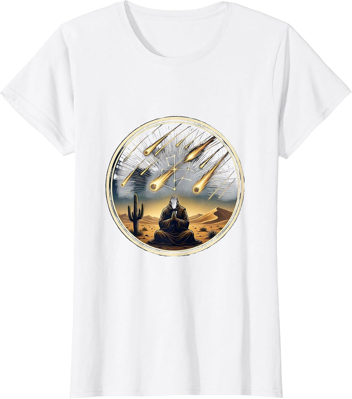 Desert Monk Meteor Shower Night Sky Illustration T-Shirt - White