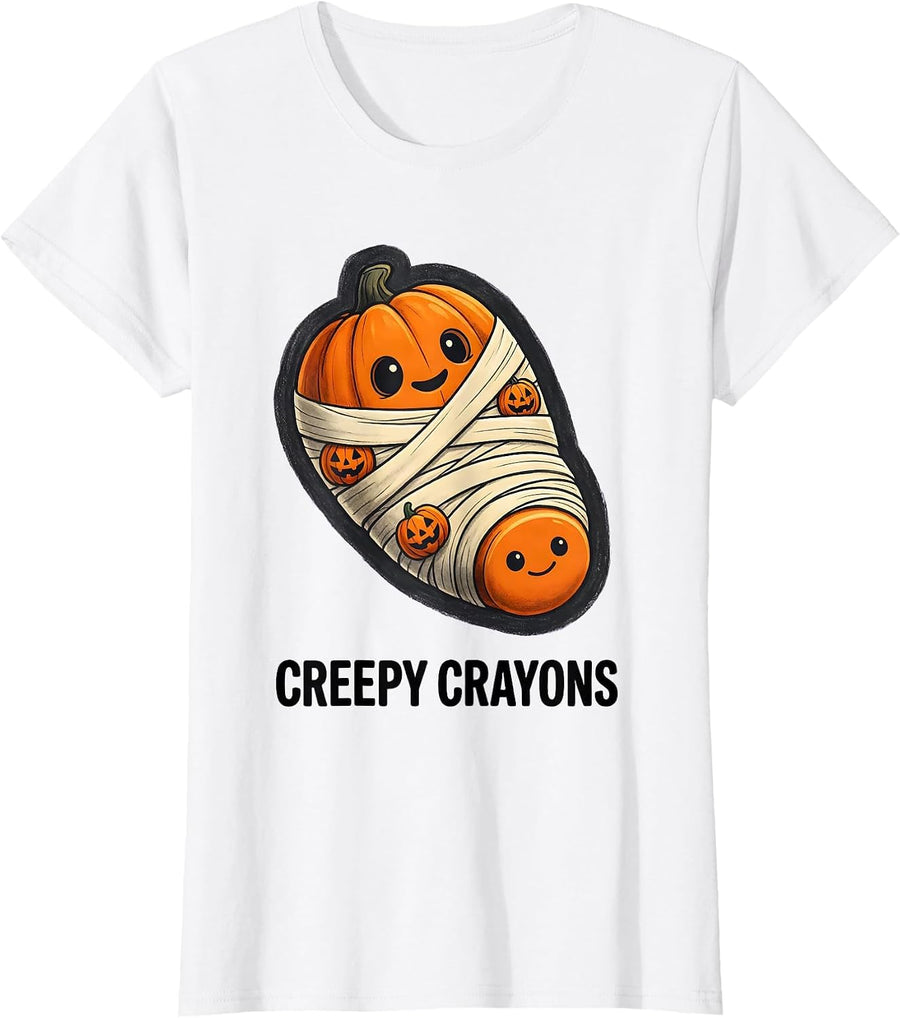 Women's Creepy Crayons Funny Halloween Teacher Classroom Party T-Shirt - White