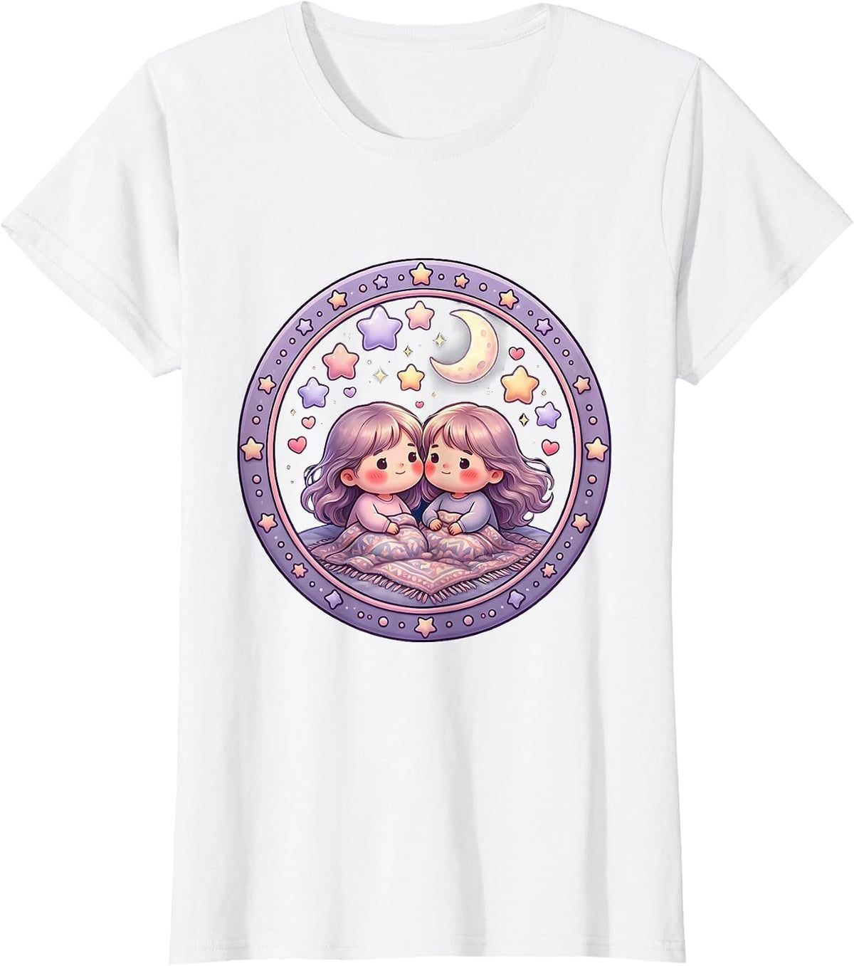Lesbian Couple Stargazing Night Sky Illustration T-Shirt - White