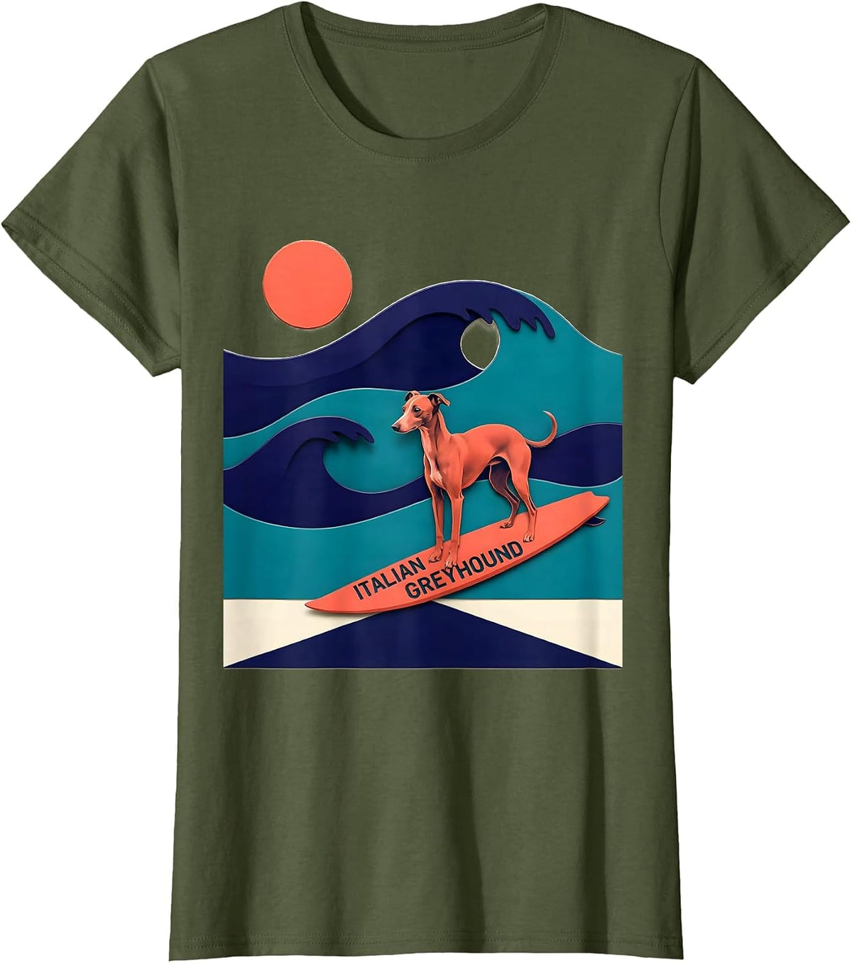 Women's Italian Greyhound Stencil Graphic Surf Dog Breed Humor T-Shirt - Olive Green