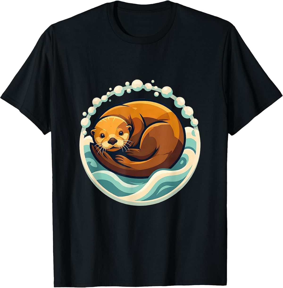Men's Sea Otter Curled in Ocean Foam Illustration T-Shirt - Black