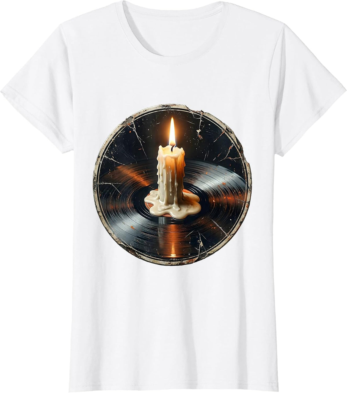 Melting Candle Vinyl Record Rock Music Graphic T-Shirt - White