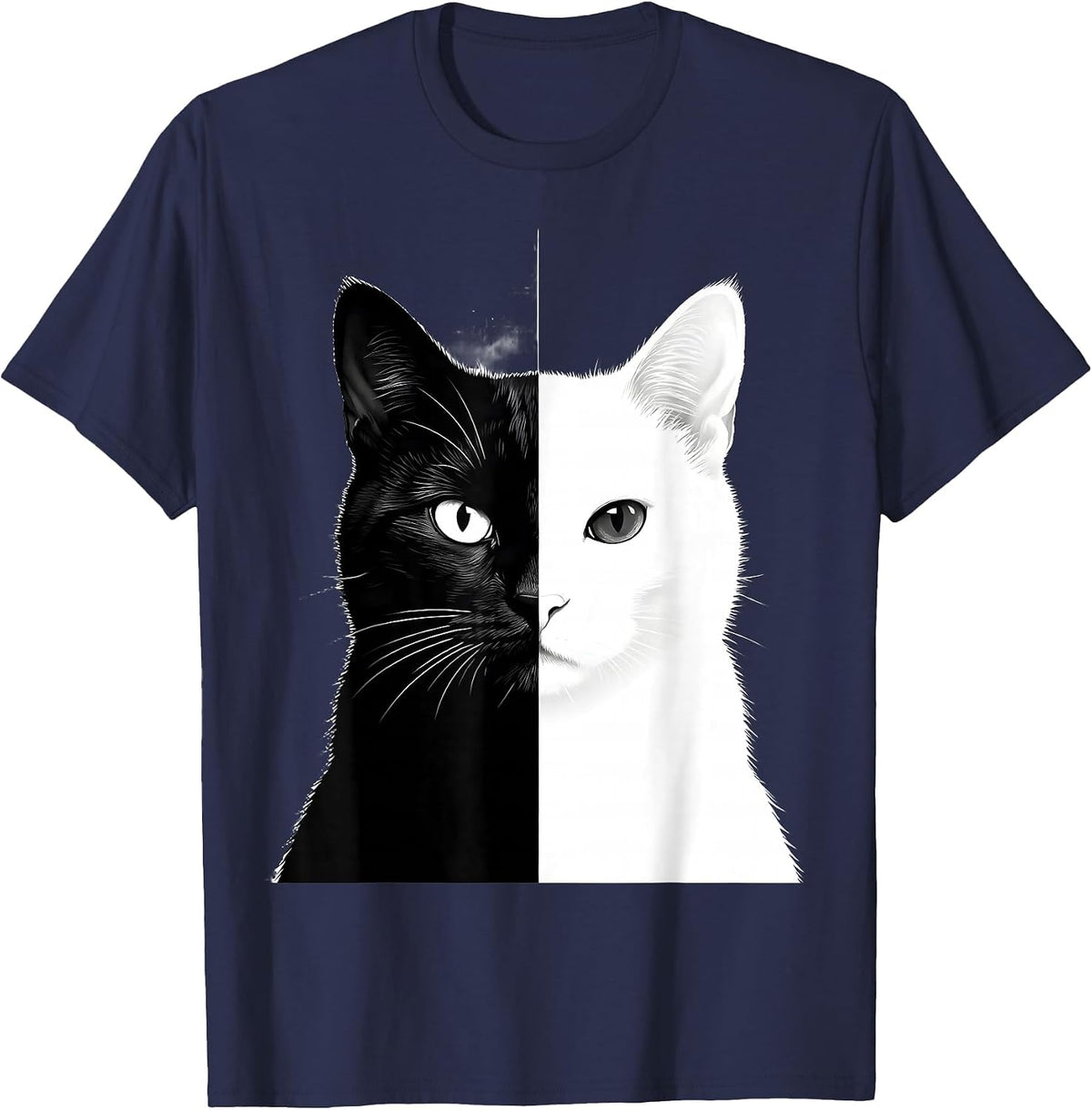 Cat Face Day and Night Split Illustration T-Shirt - Navy Blue
