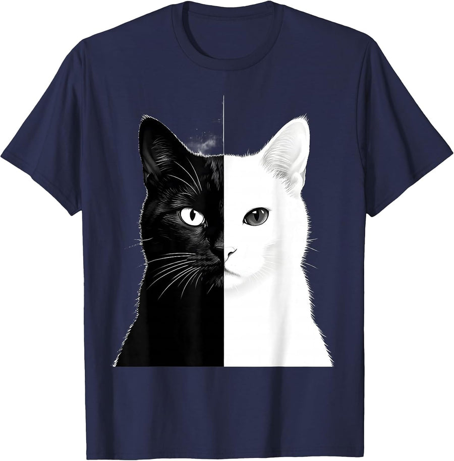 Cat Face Day and Night Split Illustration T-Shirt - Navy Blue
