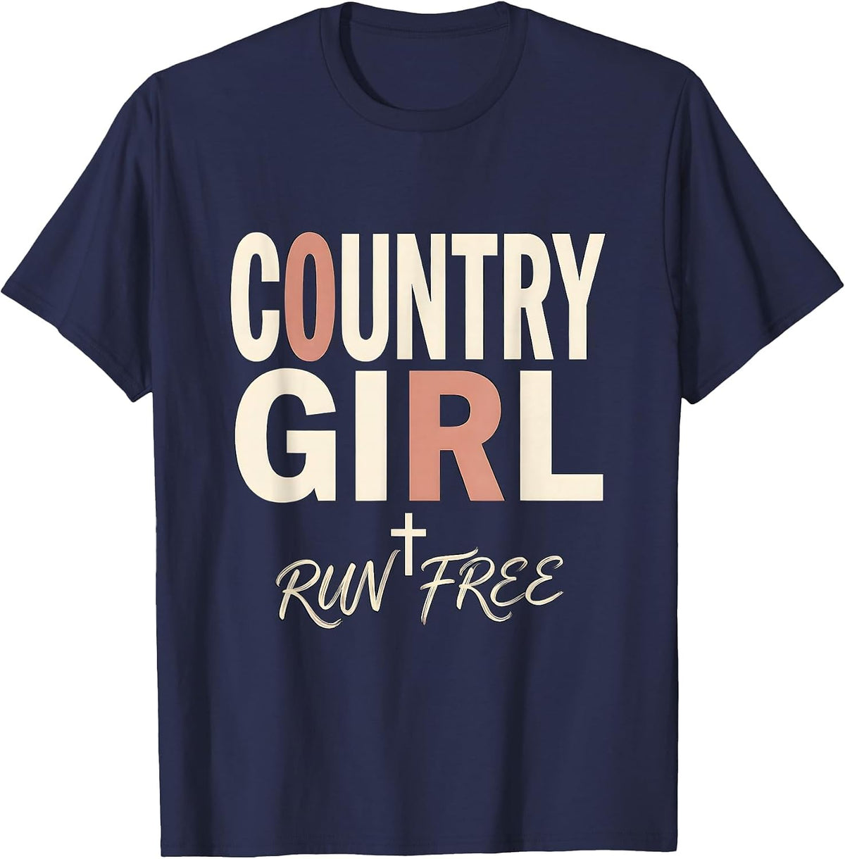 Country Girl Run Free Cowgirl Design T-Shirt - Navy Blue