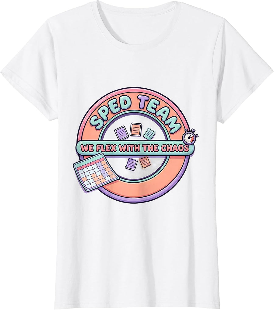 Women's SPED Team We Flex With The Chaos Cute Kawaii Teacher Humor T-Shirt - White
