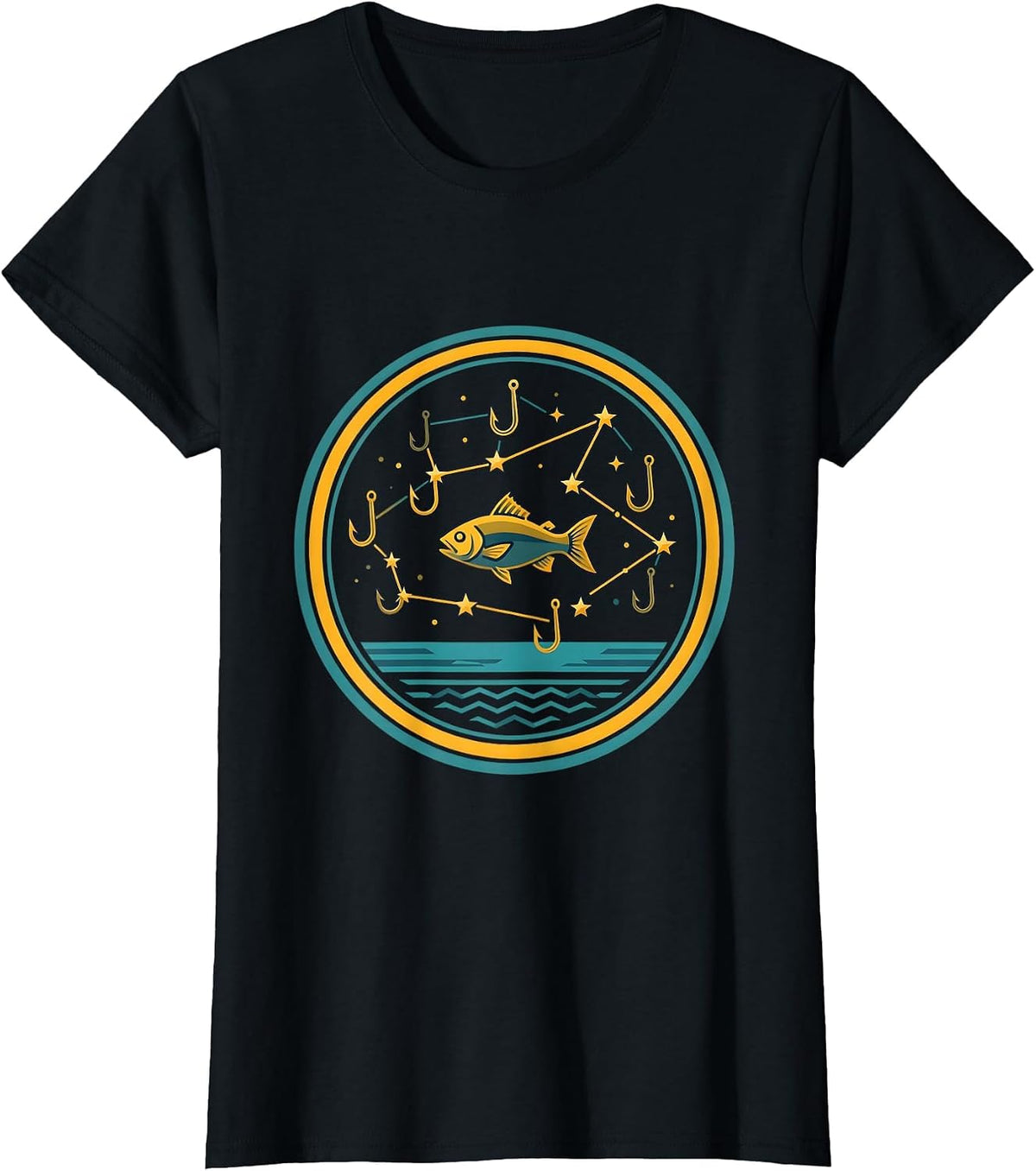 Women's Boys Fishing Fish Hook Constellation Graphic Tee T-Shirt - Black