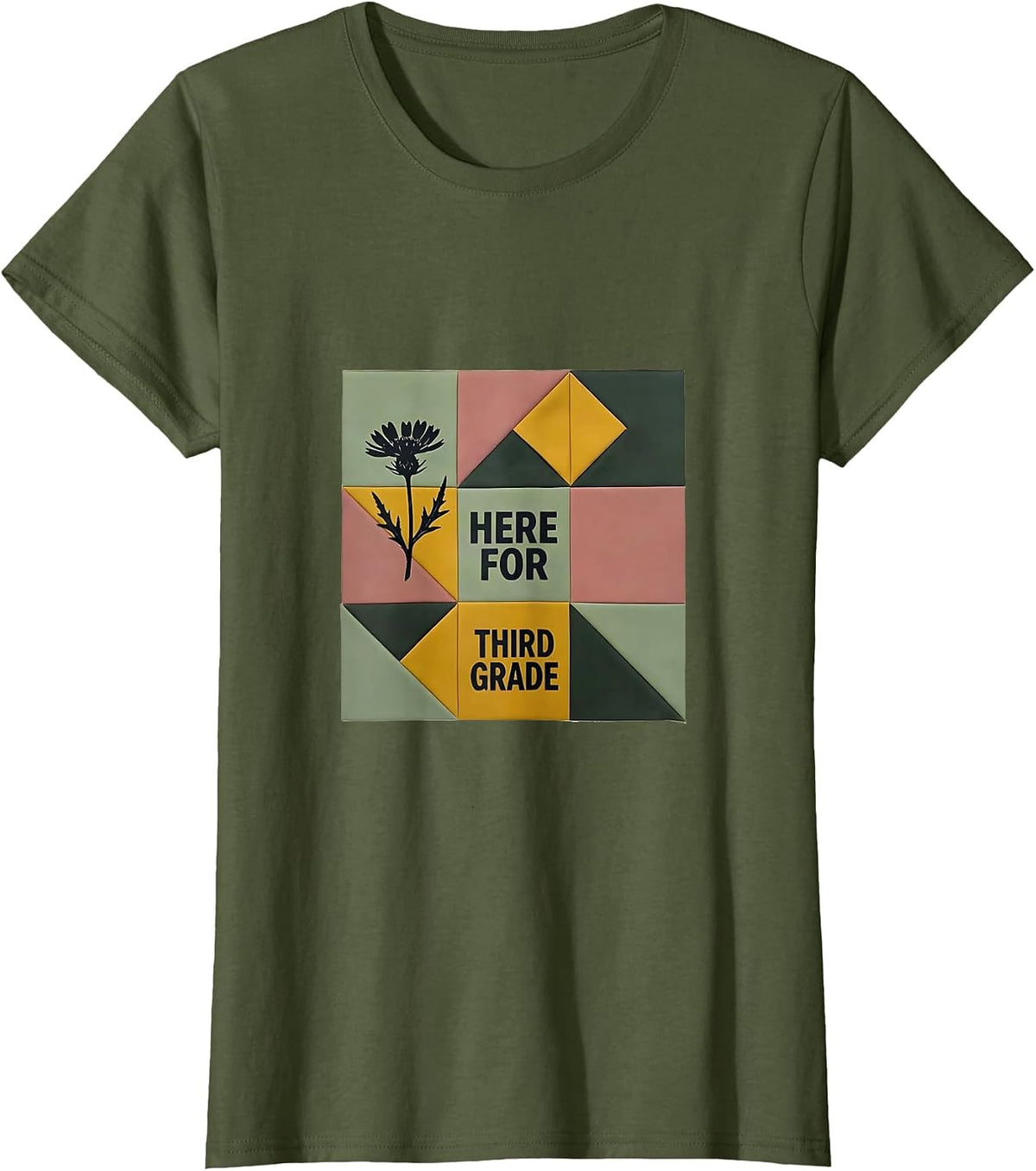 Women's Here For Third Grade Quilt Block Patchwork Teacher Gift T-Shirt - Olive Green