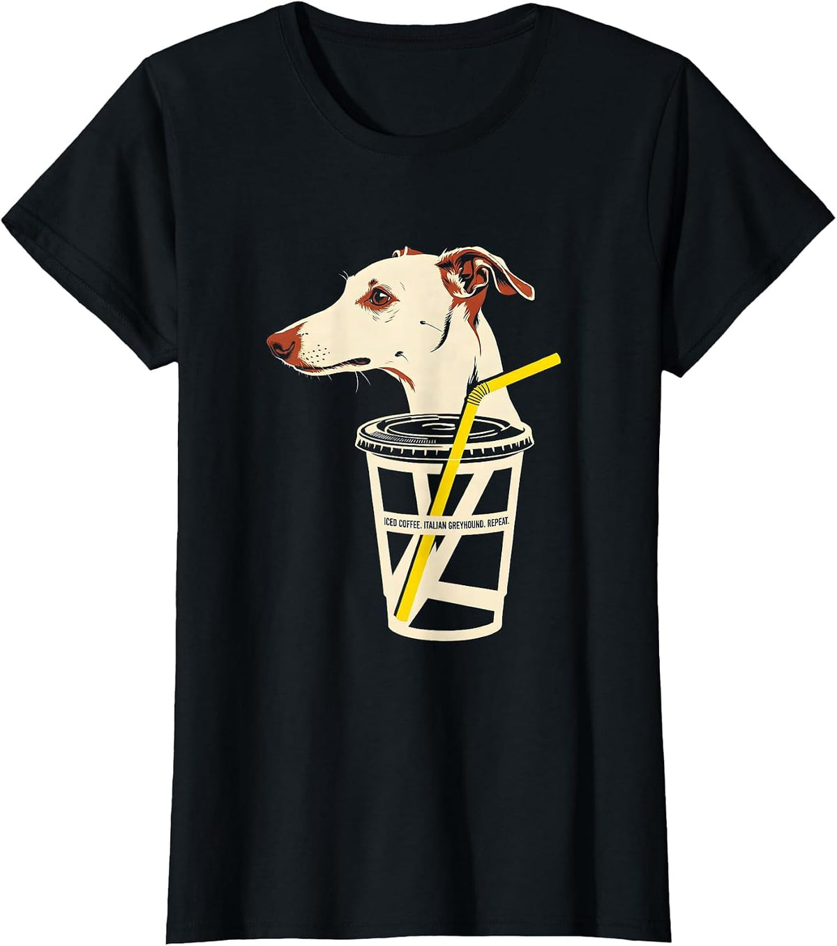 Women's Iced Coffee Italian Greyhound Repeat Dog Lover Humor T-Shirt - Black
