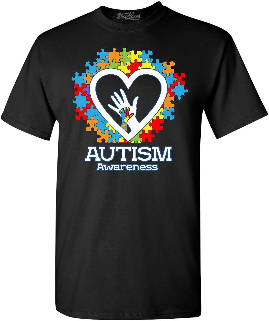 Autism Awareness Puzzle Piece Heart Hands T-Shirt, Autism Mom Dad Gift - Black