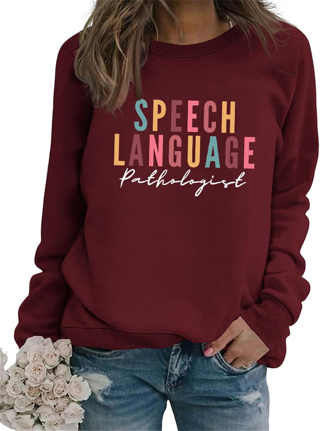 Speech Therapy Sweatshirt Cute Crew Neck Graphic Long Sleeve Shirts for Women SLP Speech Language Pathologist Gifts - Wine