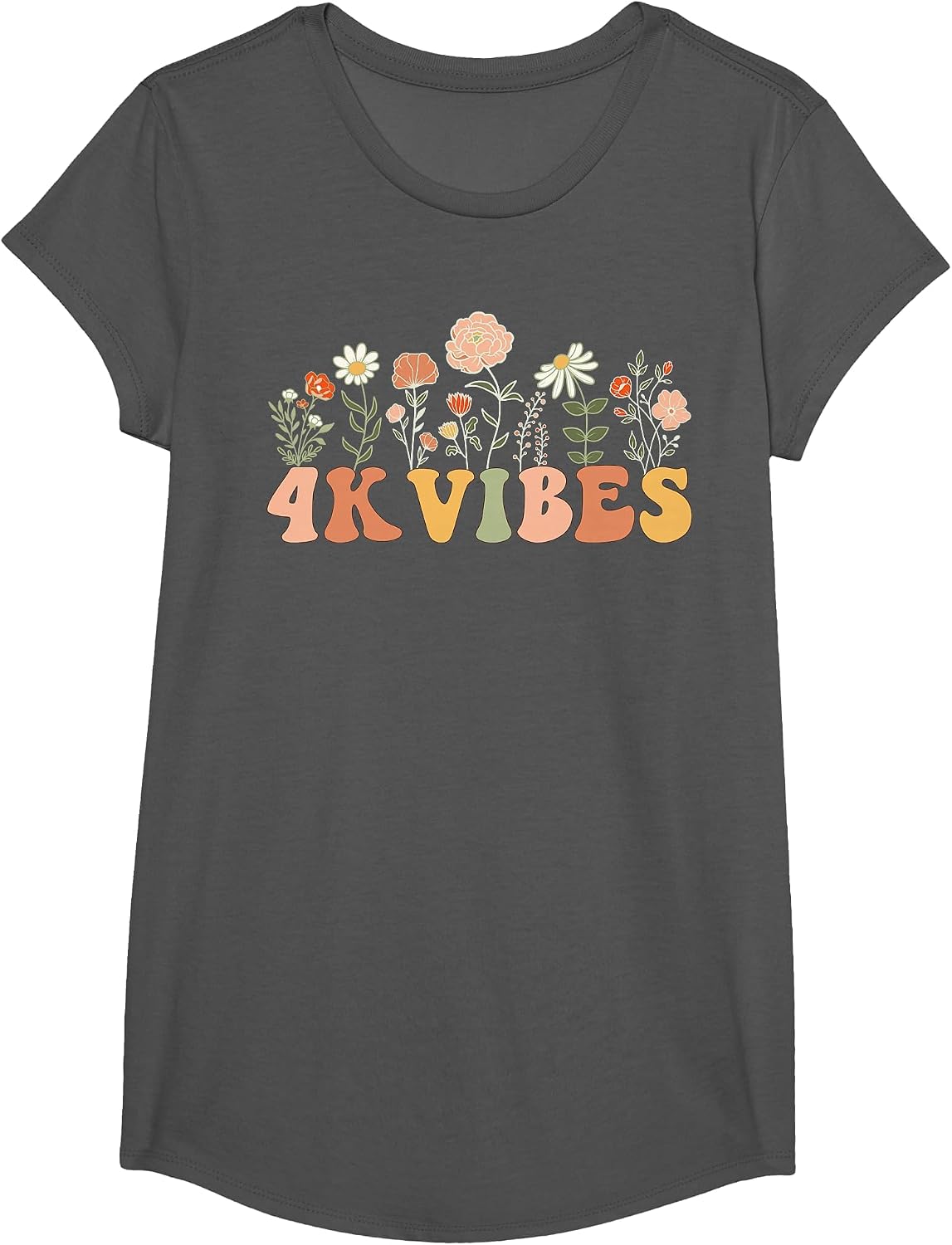 4K Vibes Wildflower Retro Teacher Daisy Kid Back to School T-Shirt - Girls Asphalt Grey