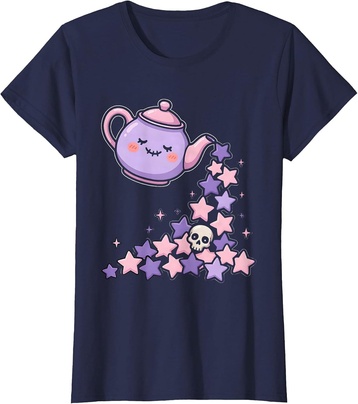 Women's Teapot Pouring Falling Stars Magical Illustration T-Shirt - Navy Blue