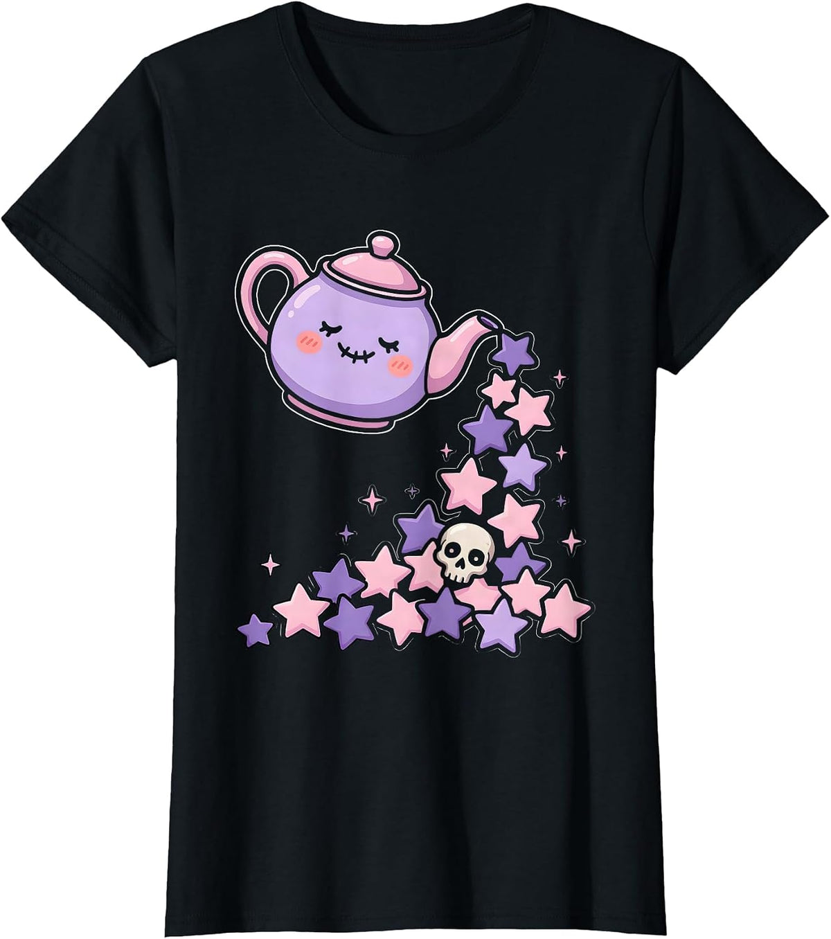 Women's Teapot Pouring Falling Stars Magical Illustration T-Shirt - Black
