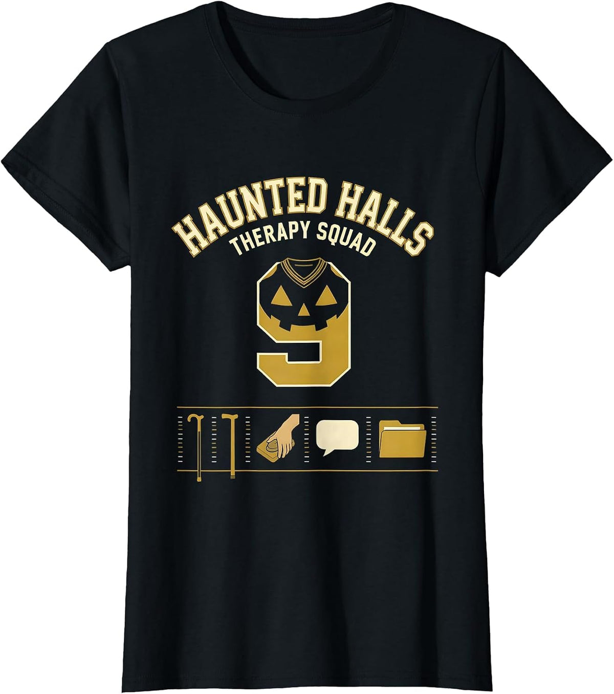 Women's Haunted Halls Therapy Squad Physical Therapy Halloween PT T-Shirt - Black