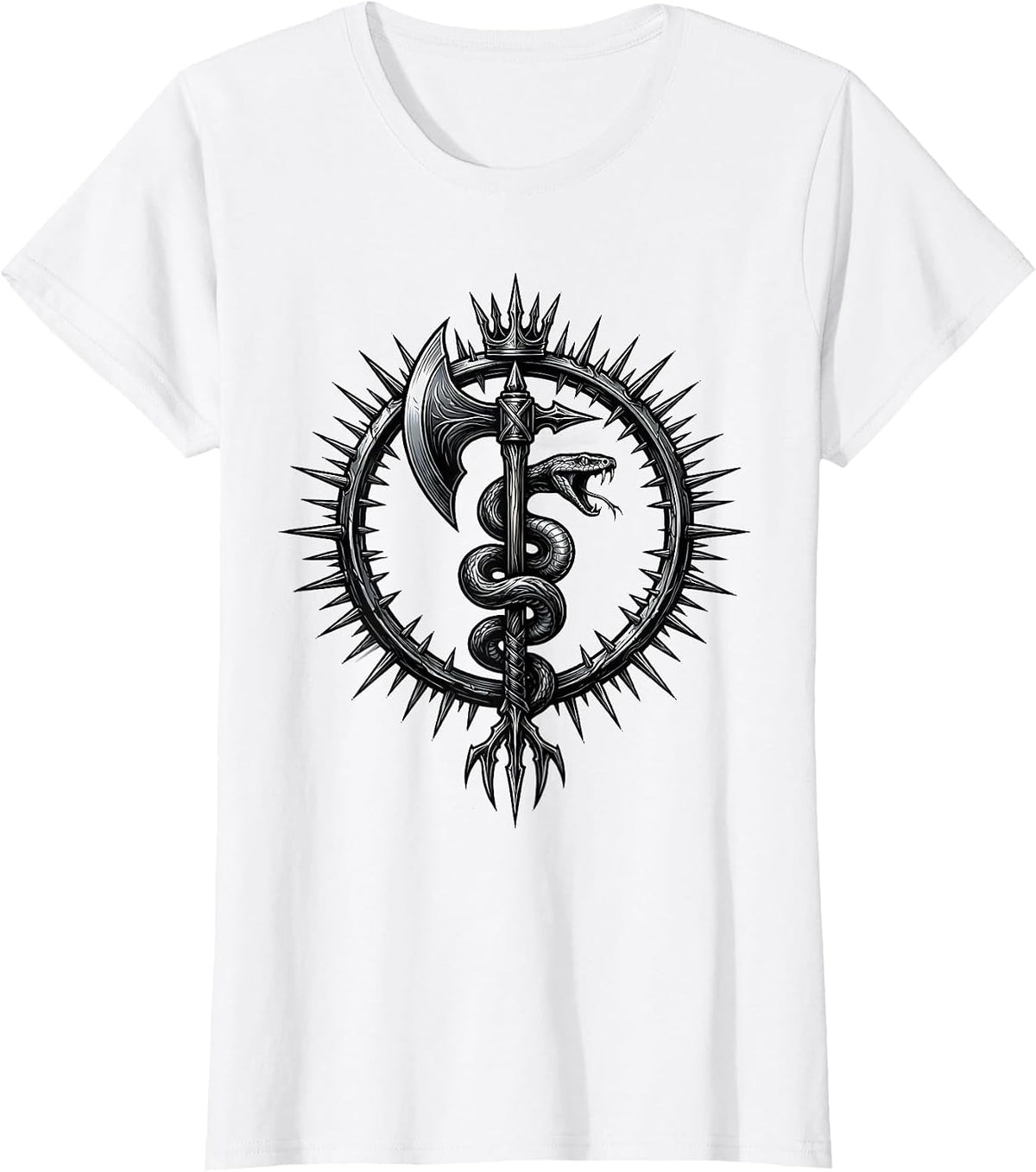 Women's Serpent and Battle Axe Metal Graphic Tee T-Shirt - White