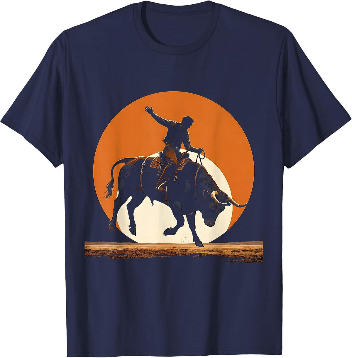 Bull Rider Gripping Rope Mid-Buck Rodeo Art T-Shirt - Navy Blue