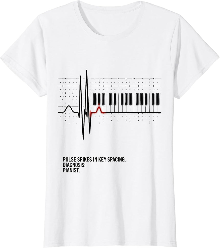 Women's Pulse Spikes In Key Spacing Diagnosis Pianist T-Shirt - White