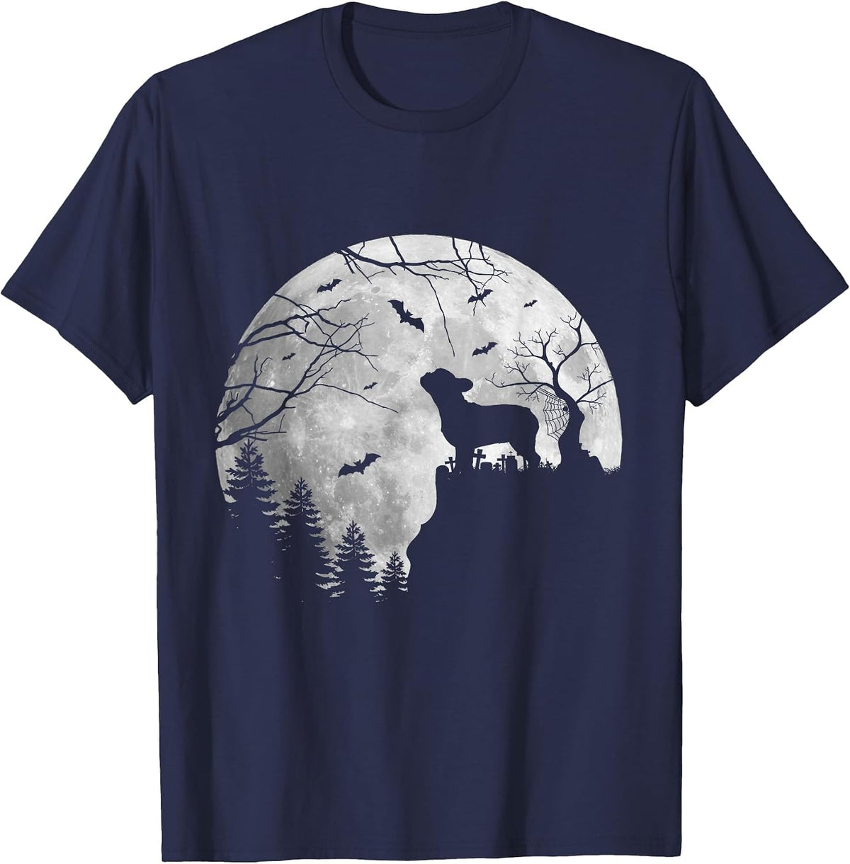 Frenchie Dog Moon Howl in Forest Halloween Dog Frenchie T-Shirt - Navy Blue