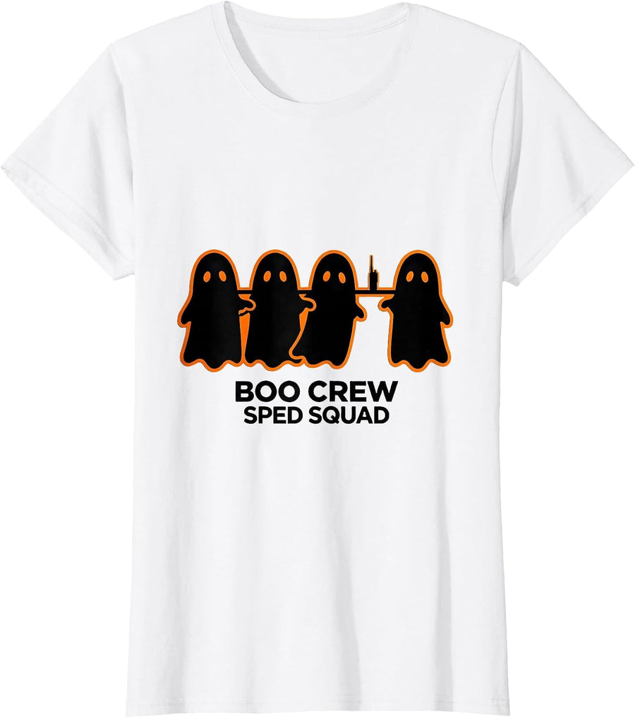 Women's Boo Crew SPED Squad Stencil Ghost Paraprofessional Halloween T-Shirt - White