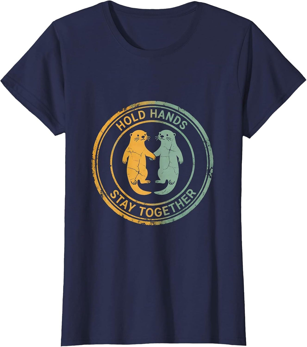 Women's Otter Hold Hands Stay Together Design T-Shirt - Navy Blue
