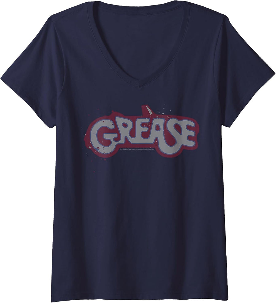 Women's Grease Classic Title Logo V-Neck T-Shirt - Navy Blue