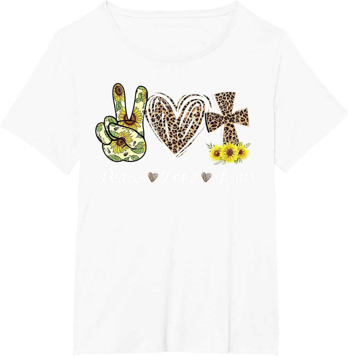 Leopard Peace Love Jesus Lovers Christ Cross Hippie T-Shirt - White