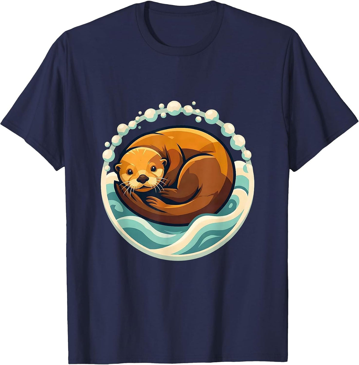 Men's Sea Otter Curled in Ocean Foam Illustration T-Shirt - Navy Blue