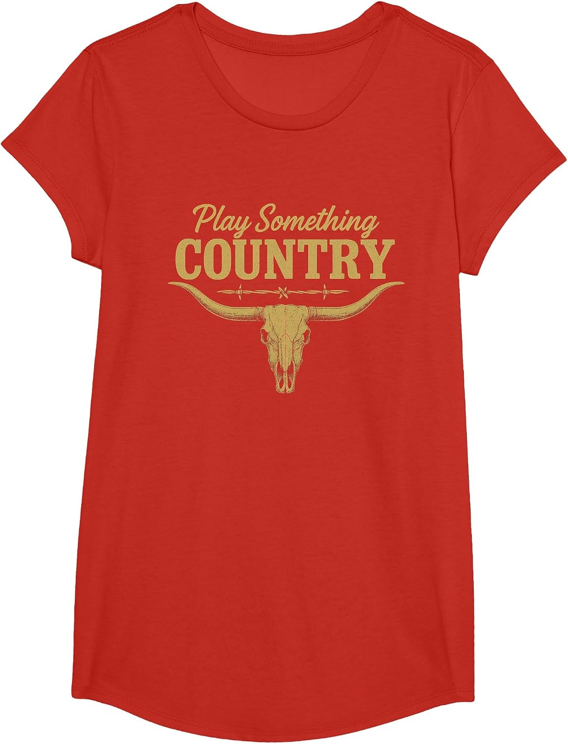 Play Something Country Music Bull Skull Southern Western T-Shirt - Girls Red