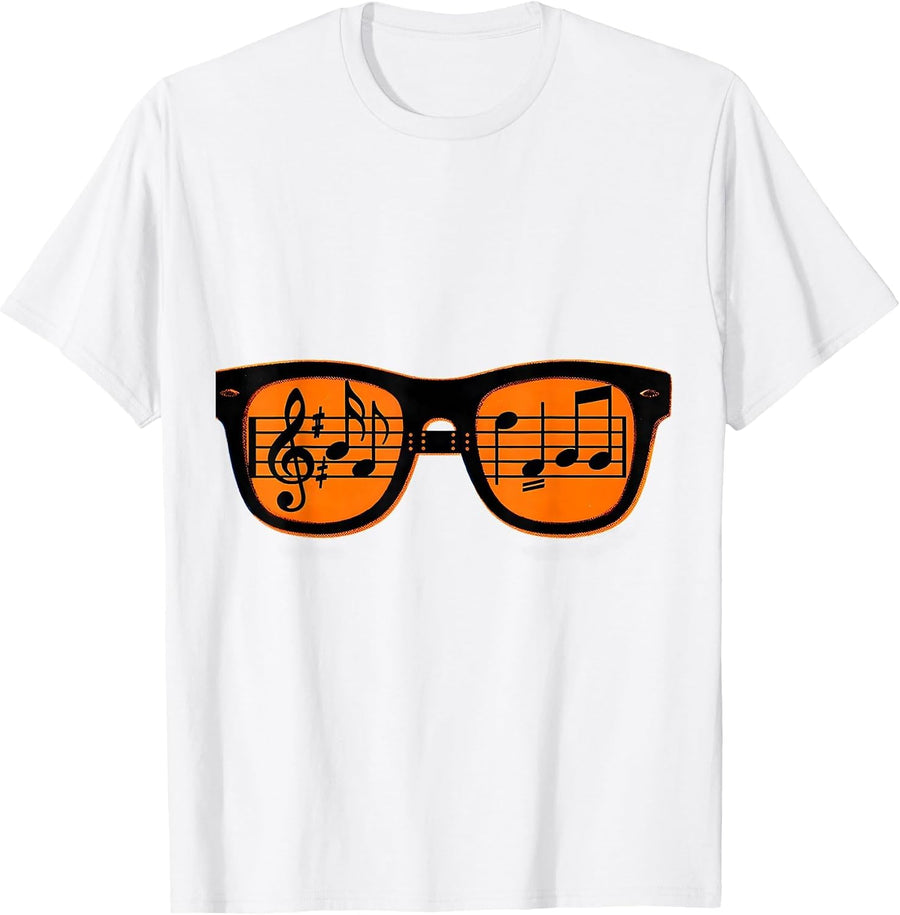 Men's Music Notes Spectacles Risograph Humor Musician Gift T-Shirt - White