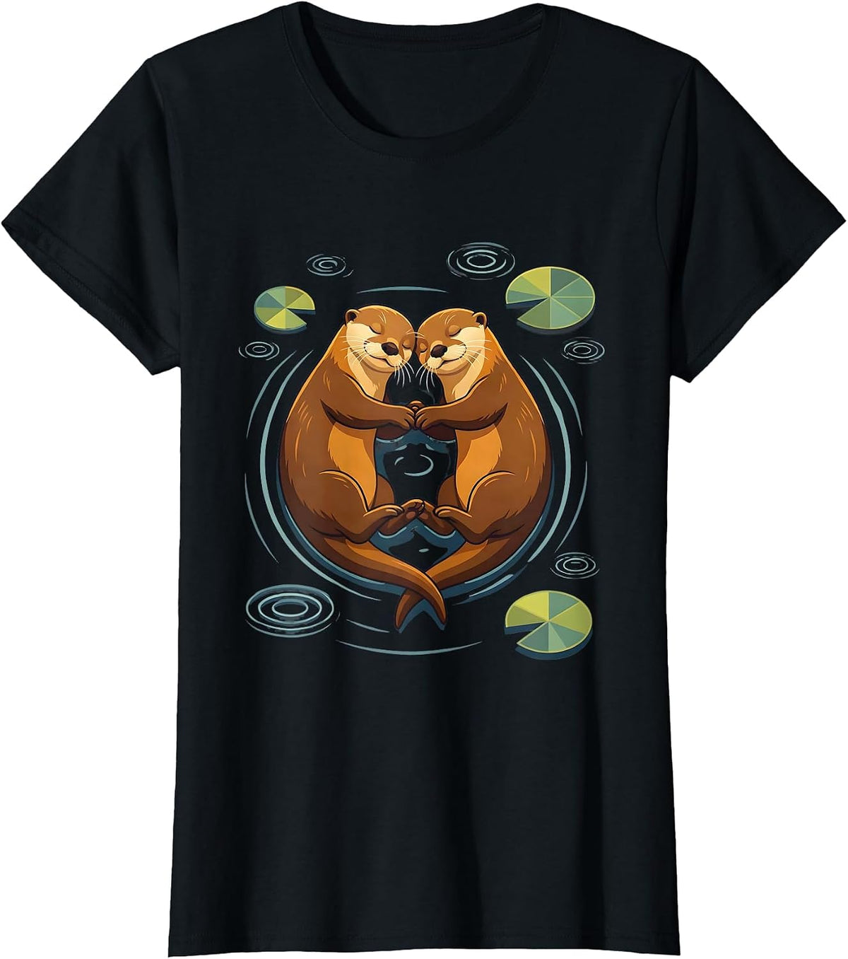Women's Otters Holding Hands Sleeping Cute Wildlife Art T-Shirt - Black