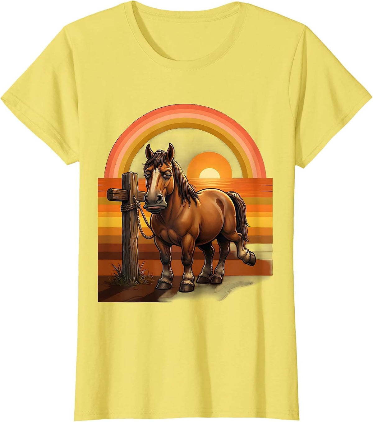 Bored Horse Tied to Post Cowboy Humor Design T-Shirt - Lemon Yellow