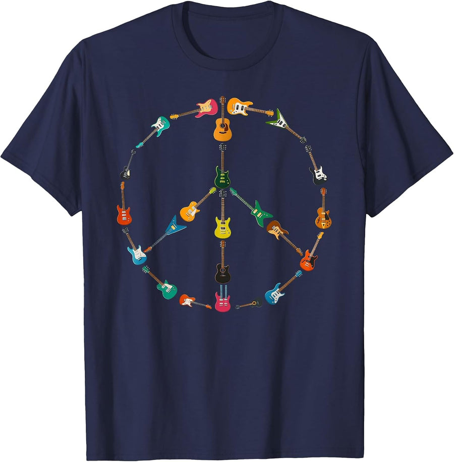 Peace Sign Made of Guitars Music Rock Hippie Men Women Retro T-Shirt - Navy Blue