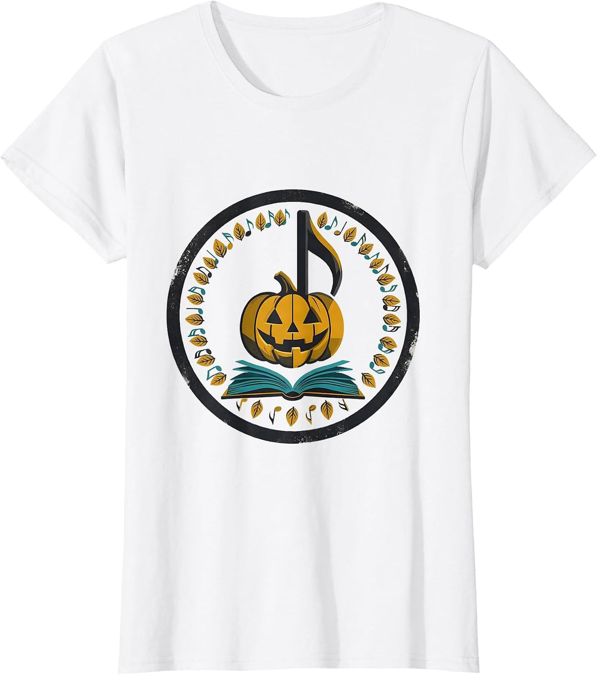 Women's Pumpkin Music Note Teacher Retro Fall Classroom Wear T-Shirt - White