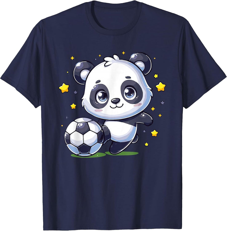 Soccer Player Panda Kicking Soccer Ball Cute Girls Graphic T-Shirt - Navy Blue