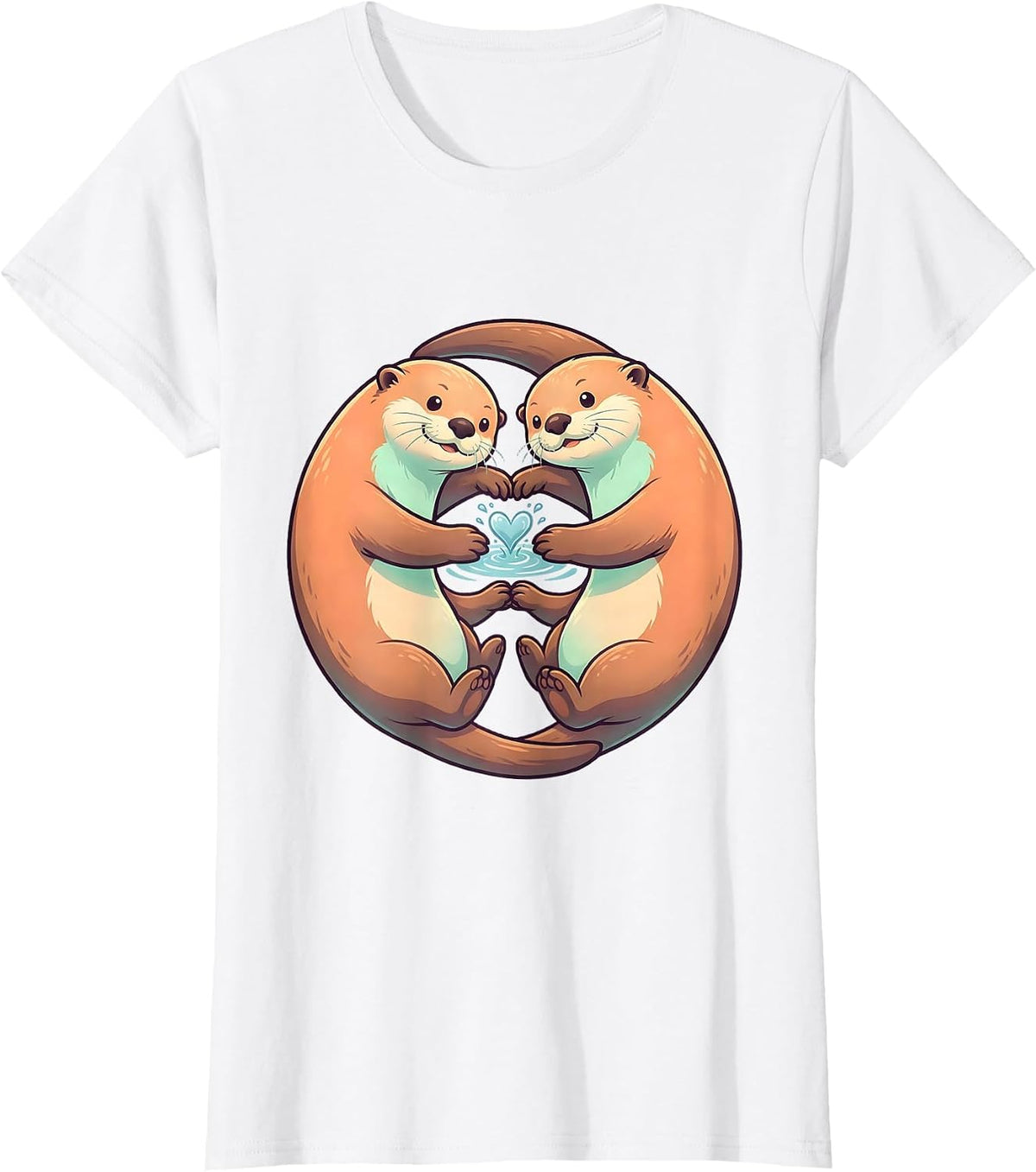 Women's Rounded Sea Otters Cute Kawaii Couple Valentine T-Shirt - White