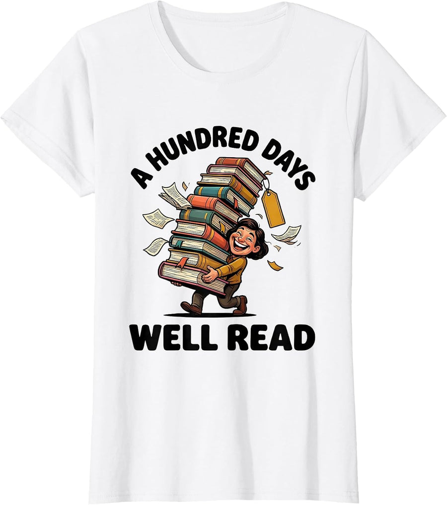 Women's A Hundred Days Well Read Cartoon Reading Teacher Librarian T-Shirt - White